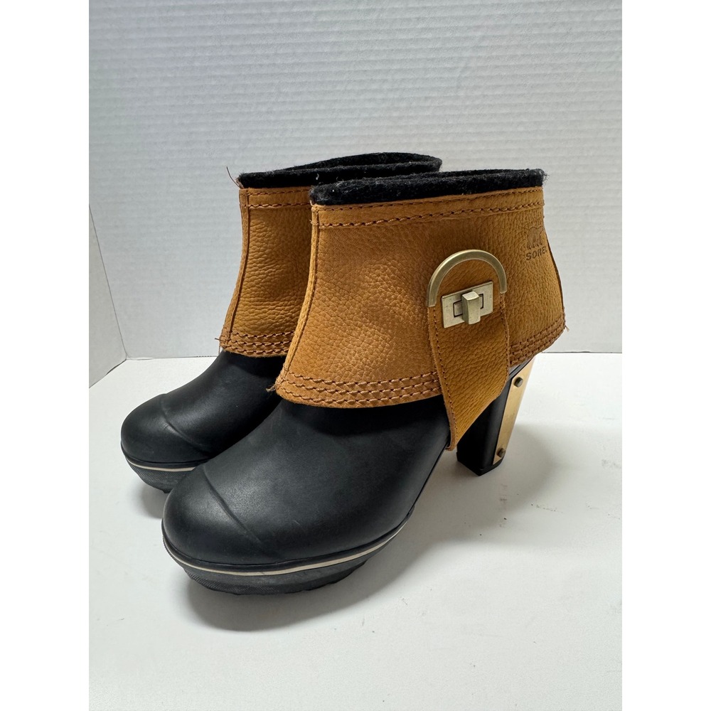 Sorel Medina III Rain Boots Black Tan Gold Heel Ankle Booties Womens 6.5
